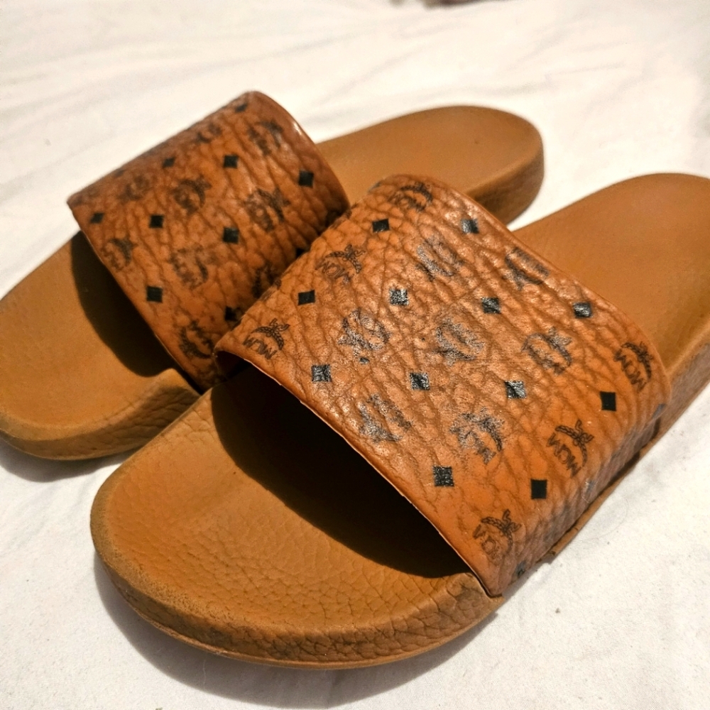 MCM Cognac Brown Logo Slide Sandals
